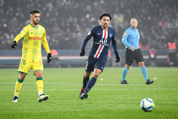 Imran LOUZA of Nantes and MARQUINHOS of PSG during the Ligue 1 match between Paris Saint-Germain and FC Nantes at Parc des Princes on December 4, 2019 in Paris, France. (Photo by Anthony Dibon/Icon Sport via Getty Images)