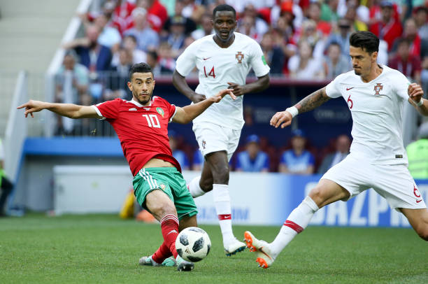 MOSCOW, RUSSIA - JUNE 20: Younes Belhanda of Morocco, Jose Fonte of Portugal during the 2018 FIFA World Cup Russia group B match between Portugal and Morocco at Luzhniki Stadium on June 20, 2018 in Moscow, Russia. (Photo by Jean Catuffe/Getty Images)