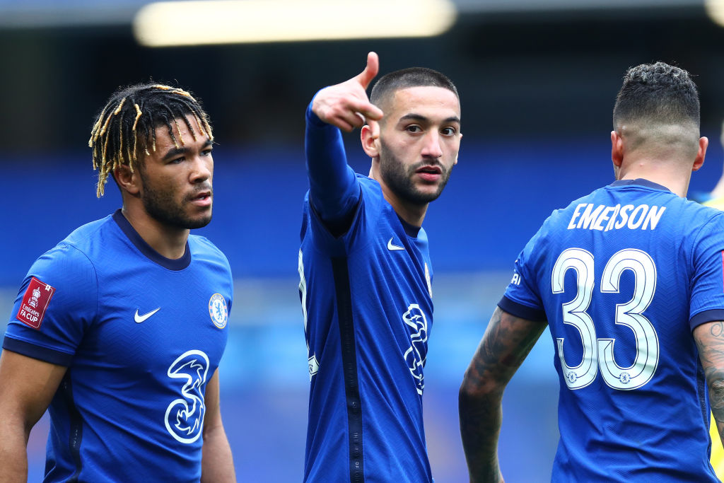 LONDON, ENGLAND - MARCH 21: LONDON, ENGLAND - MARCH 21: Hakim Ziyech of Chelsea celebrates with Reece James after scoring their side's second goal during the Emirates FA Cup Quarter Final match between Chelsea FC and Sheffield Untied at Stamford Bridge on March 21, 2021 in London, England. Sporting stadiums around the UK remain under strict restrictions due to the Coronavirus Pandemic as Government social distancing laws prohibit fans inside venues resulting in games being played behind closed doors. (Photo by Clive Rose/Getty Images)