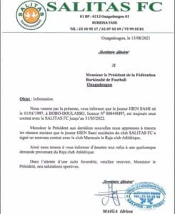 إدارة النادي البوركينابي فريق ساليتاس البوركينابي يكشف وثيقة تورط الرجاء الرياضي
