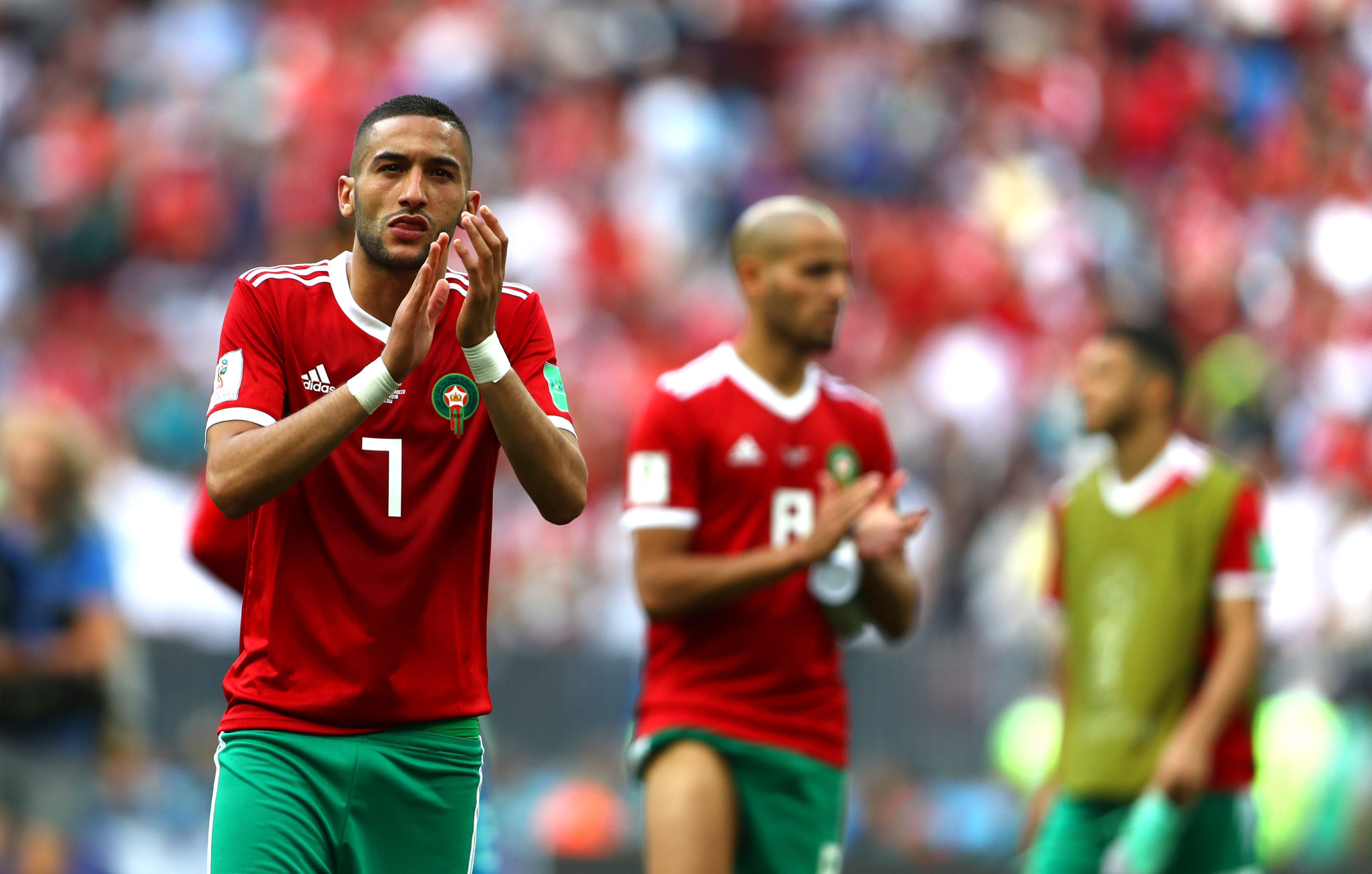 MOSCOW, RUSSIA - JUNE 20: Hakim Ziyach of Morocco acknowledges the fans afer his team's elimination following the 2018 FIFA World Cup Russia group B match between Portugal and Morocco at Luzhniki Stadium on June 20, 2018 in Moscow, Russia. (Photo by Dean Mouhtaropoulos/Getty Images)