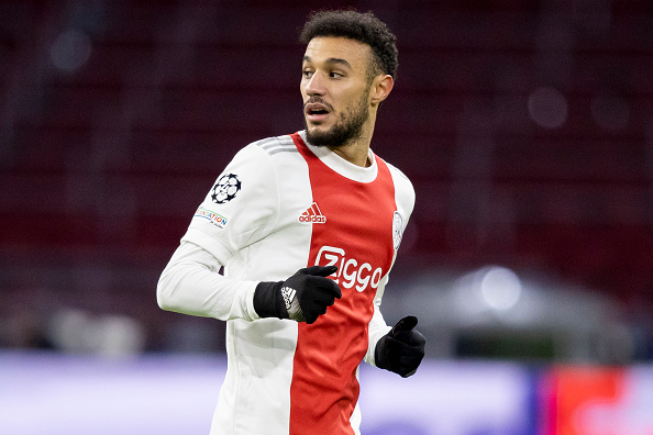 AMSTERDAM, NETHERLANDS - DECEMBER 07: (BILD OUT) Noussair Mazraoui of Ajax Amsterdam looks on during the UEFA Champions League group C match between AFC Ajax and Sporting CP at Amsterdam Arena on December 7, 2021 in Amsterdam, Netherlands. (Photo by NESImages/DeFodi Images via Getty Images)