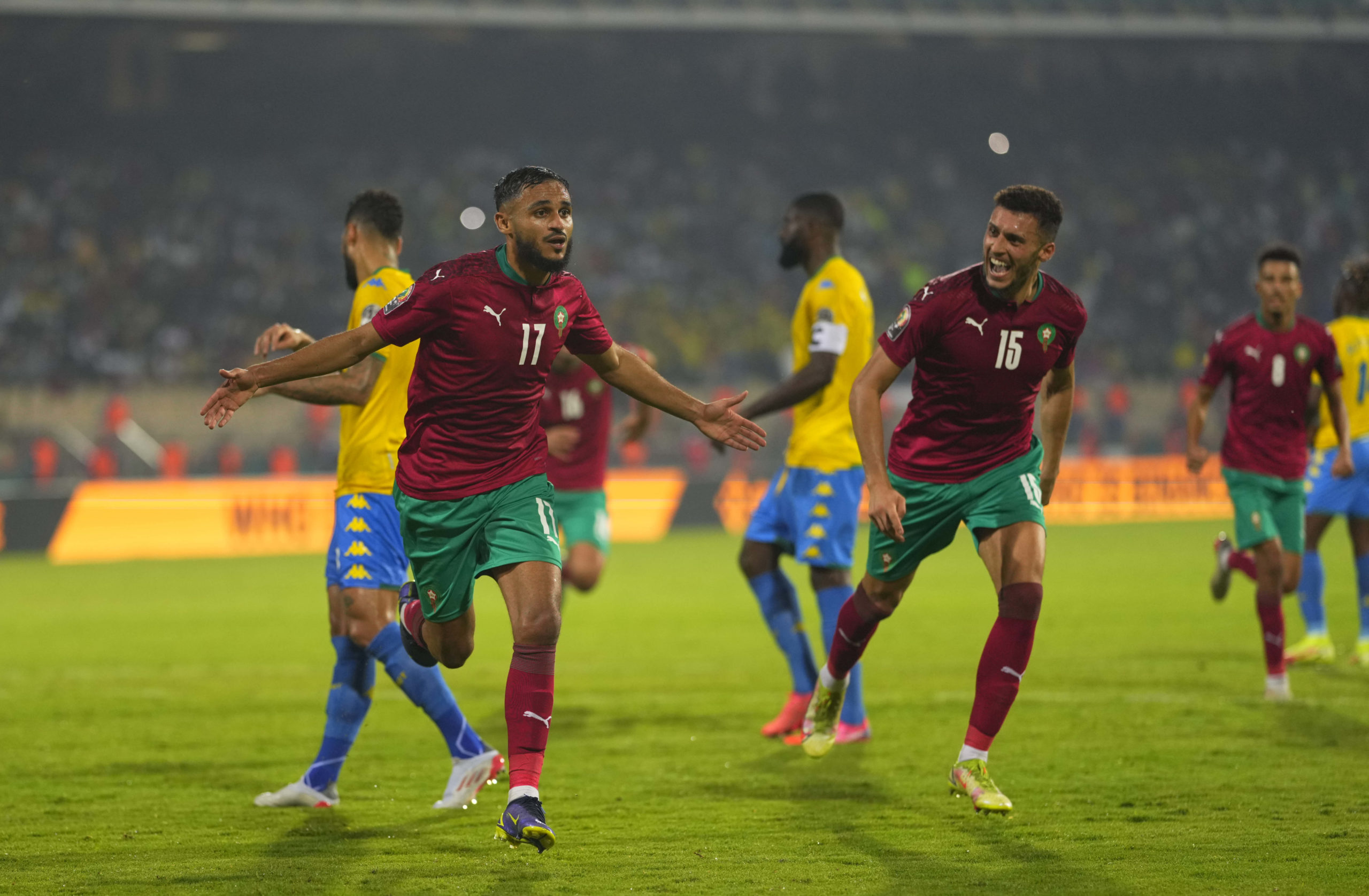 Sofiane Boufal of Morocco celebrates scoring their first goal during Morocco against Gabon, African Cup of Nations, at Ahmadou Ahidjo Stadium on January 18, 2022. (Photo by Ulrik Pedersen/NurPhoto via Getty Images)