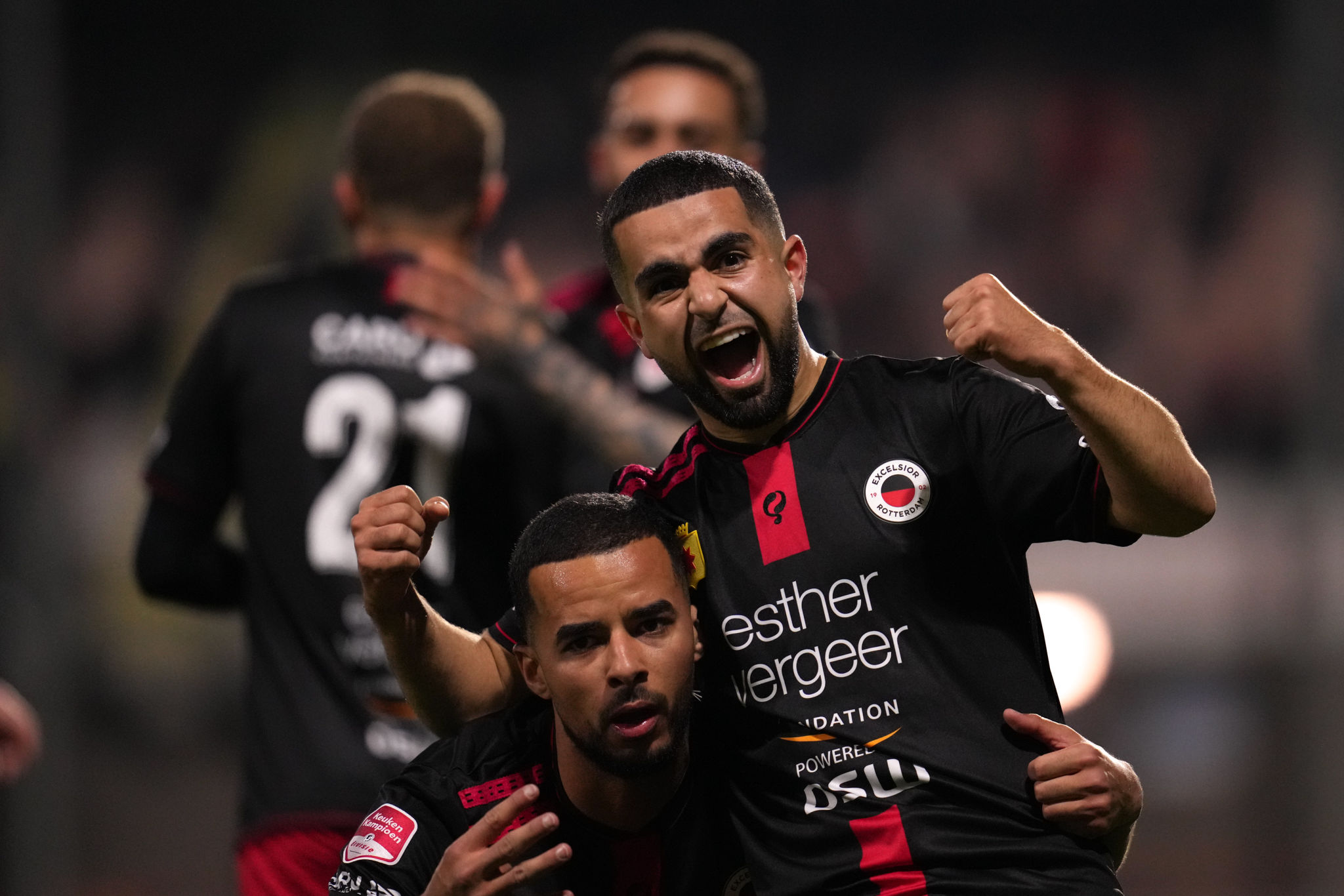 VOLENDAM, NETHERLANDS - MARCH 11: Marouan Azarkan of Excelsior celebrating his goal during the Dutch Keukenkampioendivisie match between FC Volendam and Excelsior at the Kras Stadion on March 11, 2022 in Volendam, Netherlands (Photo by Patrick Goosen/BSR Agency/Getty Images)