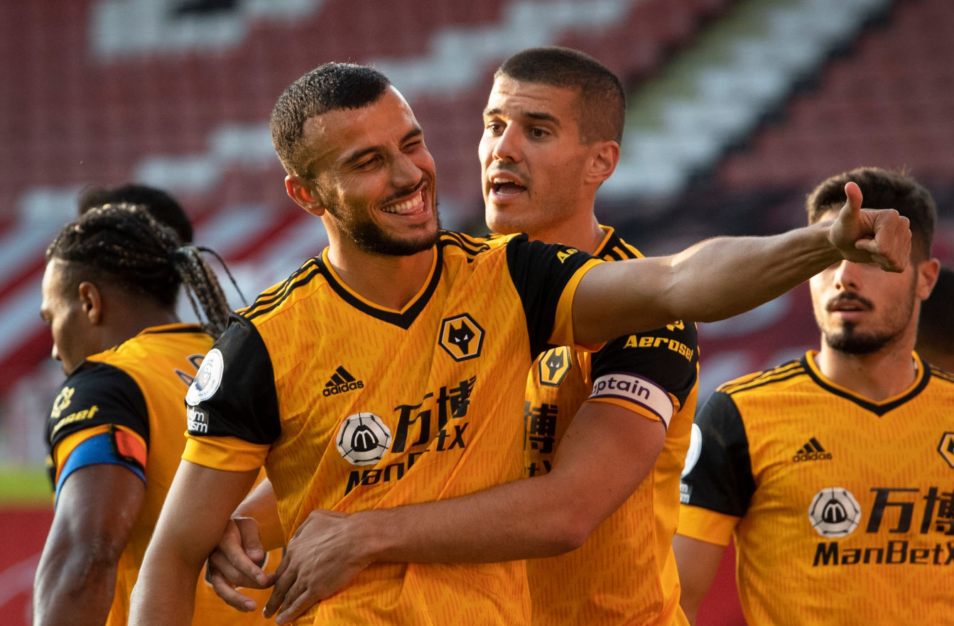 SHEFFIELD, ENGLAND - SEPTEMBER 14: Romain Saiss of Wolverhampton Wanderers celebrates scoring the second goal during the Premier League match between Sheffield United and Wolverhampton Wanderers at Bramall Lane on September 14, 2020 in Sheffield, United Kingdom. (Photo by Visionhaus)