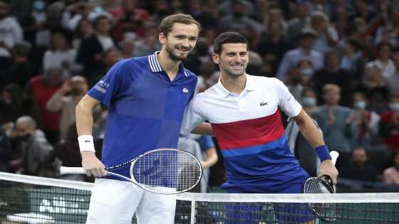 PARIS, FRANCE - NOVEMBER 7: Daniil Medvedev of Russia, Novak Djokovic of Serbia during the Rolex Paris Masters 2021 Final, an ATP Masters 1000 tennis tournament at Accor Arena on November 7, 2021 in Paris, France. (Photo by Jean Catuffe/Getty Images)