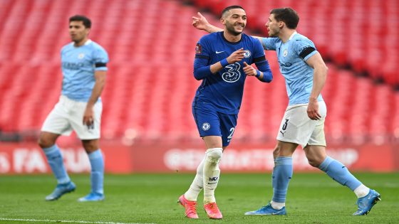 LONDON, ENGLAND - APRIL 17: Hakim Ziyech of Chelsea celebrates after scoring his team's first goal during the Semi Final of the Emirates FA Cup match between Manchester City and Chelsea FC at Wembley Stadium on April 17, 2021 in London, England. Sporting stadiums around the UK remain under strict restrictions due to the Coronavirus Pandemic as Government social distancing laws prohibit fans inside venues resulting in games being played behind closed doors. (Photo by Darren Walsh/Chelsea FC via Getty Images)