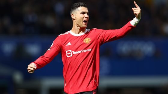 LIVERPOOL, ENGLAND - APRIL 09: Cristiano Ronaldo of Manchester United reacts during the Premier League match between Everton and Manchester United at Goodison Park on April 09, 2022 in Liverpool, England. (Photo by Clive Brunskill/Getty Images)