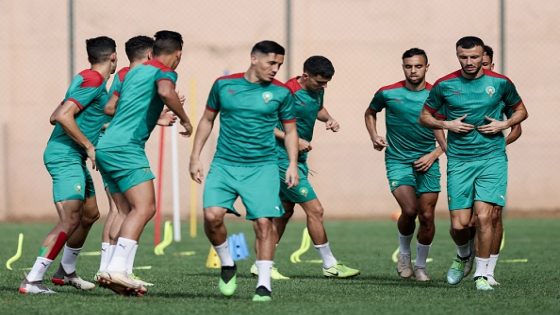 Morocco's players attend a training session at the Stade Ahmadou-Ahidjo in Yaounde on January 29, 2022 on the eve of the Africa Cup of Nations (CAN) 2021 football match against Egypt. (Photo by Kenzo TRIBOUILLARD / AFP) (Photo by KENZO TRIBOUILLARD/AFP via Getty Images)