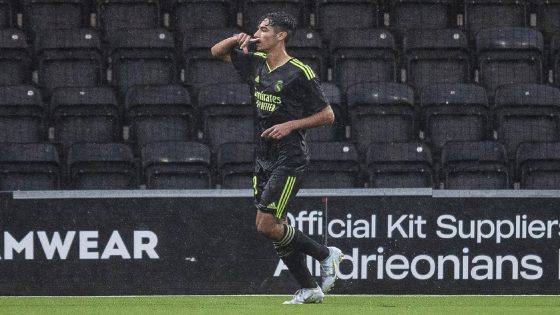 AIRDRIE, SCOTLAND - SEPTEMBER 06: Real Madrid's Youssef Enriquez Lekhedim celebreates after scoring to make it 0-2 during a UEFA Youth League match between Celtic and Real Madrid at the Excelsior Stadium, on September 06, 2022, in Airdrie, Scotland. (Photo by Ross MacDonald/SNS Group via Getty Images)