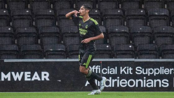 AIRDRIE, SCOTLAND - SEPTEMBER 06: Real Madrid's Youssef Enriquez Lekhedim celebreates after scoring to make it 0-2 during a UEFA Youth League match between Celtic and Real Madrid at the Excelsior Stadium, on September 06, 2022, in Airdrie, Scotland. (Photo by Ross MacDonald/SNS Group via Getty Images)