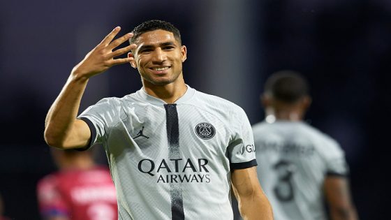 Achraf Hakimi of PSG celebrates after scoring his sides first goal during the Ligue 1 match between Clermont Foot and Paris Saint-Germain at Stade Gabriel Montpied on August 6, 2022 in Clermont-Ferrand, France. (Photo by Jose Breton/Pics Action/NurPhoto via Getty Images)