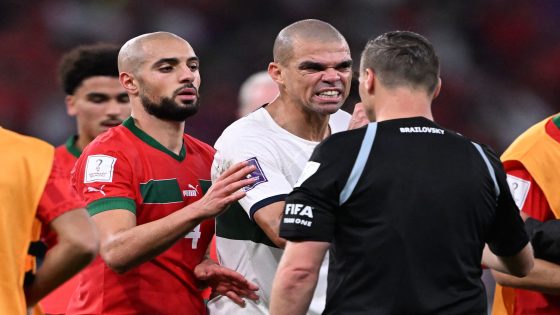 Portugal's defender #03 Pepe (C) argues with Argentinian referee Facundo Tello next to Morocco's midfielder #04 Sofyan Amrabat (L) during the Qatar 2022 World Cup quarter-final football match between Morocco and Portugal at the Al-Thumama Stadium in Doha on December 10, 2022. (Photo by Kirill KUDRYAVTSEV / AFP)