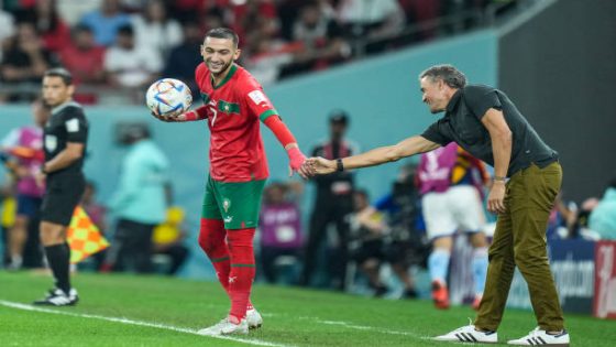 (7) ZIYECH Hakim of team Morocco after scare head coach LUIS ENRIQUE of team Spain to take the ball during the FIFA World Cup Qatar 2022 Round of 16 match between Morocco and Spain at Education City Stadium on 06 December 2022 in Al Rayyan, Qatar. (Photo by Ayman Aref/NurPhoto via Getty Images)