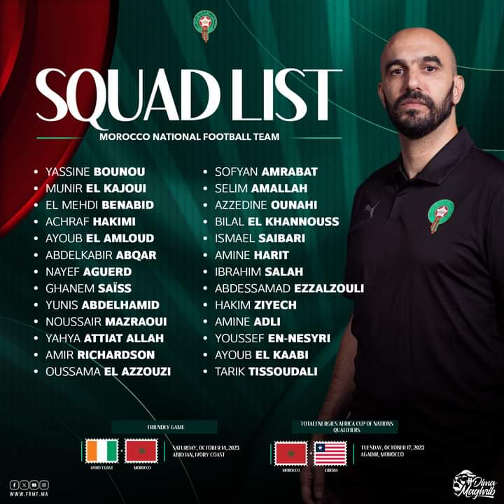 تغييرات كثيرة بأسماء جديدة ..الناخب الوطني وليد الركراكي يكشف عن قائمة من 26 لاعب بالمنتخب الوطني المغربي