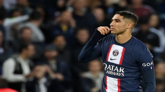 Paris Saint-Germain's Moroccan defender Achraf Hakimi reacts after scoring his teams second goal during the French L1 football match between Paris Saint-Germain (PSG) and Ajaccio at the Parc des Princes in Paris on May 13, 2023. (Photo by FRANCK FIFE / AFP) (Photo by FRANCK FIFE/AFP via Getty Images)