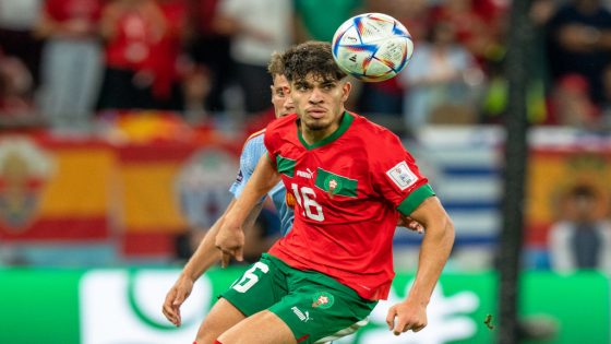 AL RAYYAN, QATAR - DECEMBER 6: Abde Ezzalzouli #16 of Morocco eyes a ball during a FIFA World Cup Qatar 2022 Round of 16 game between Morocco and Spain at Education City Stadium on December 6, 2022 in Al Rayyan, Qatar. (Photo by Doug Zimmerman/ISI Photos/Getty Images)