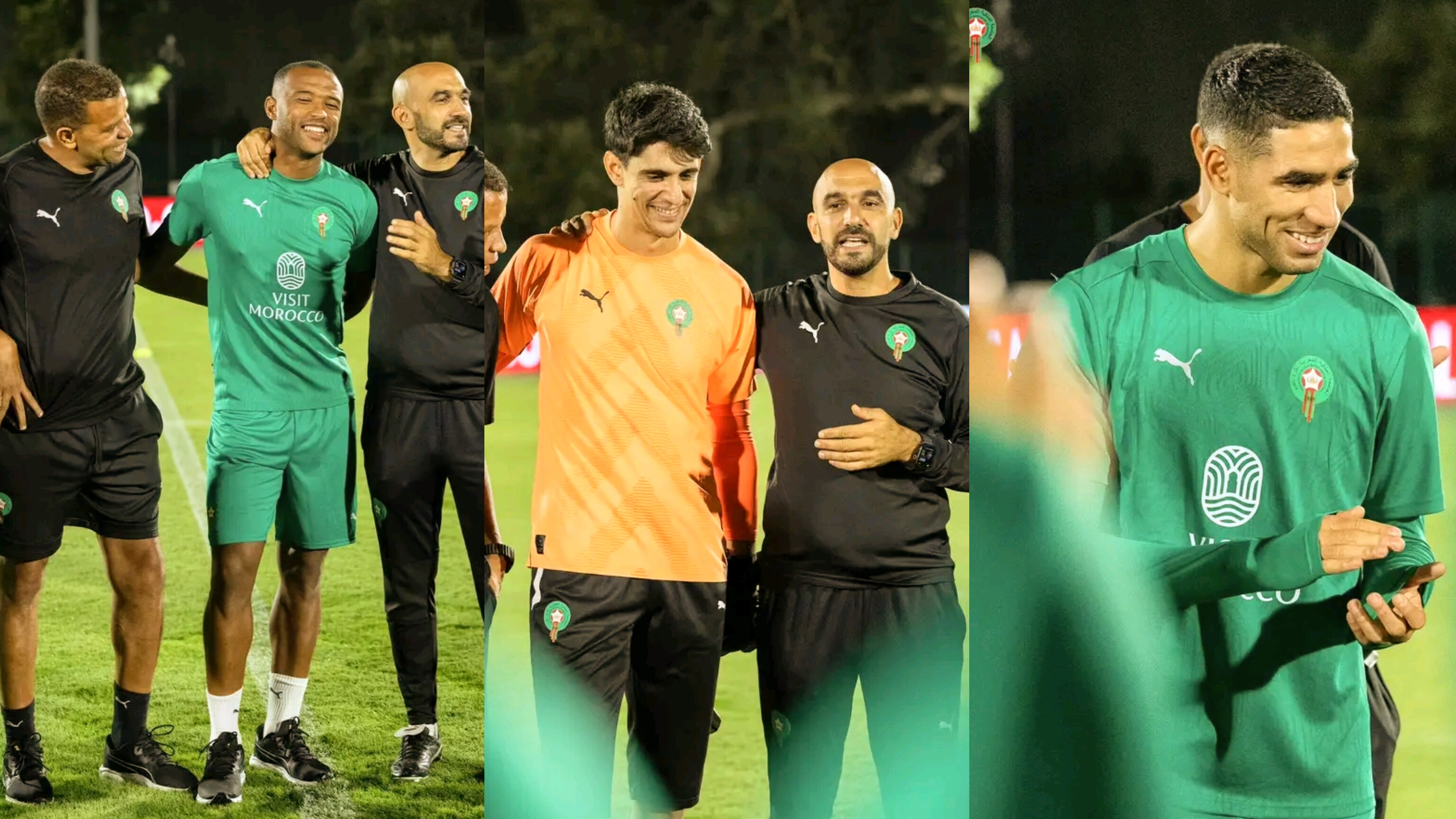 وليد الركراكي يهنئ بونو وحكيمي والكعبي في أول حصة تدريبية للأسود